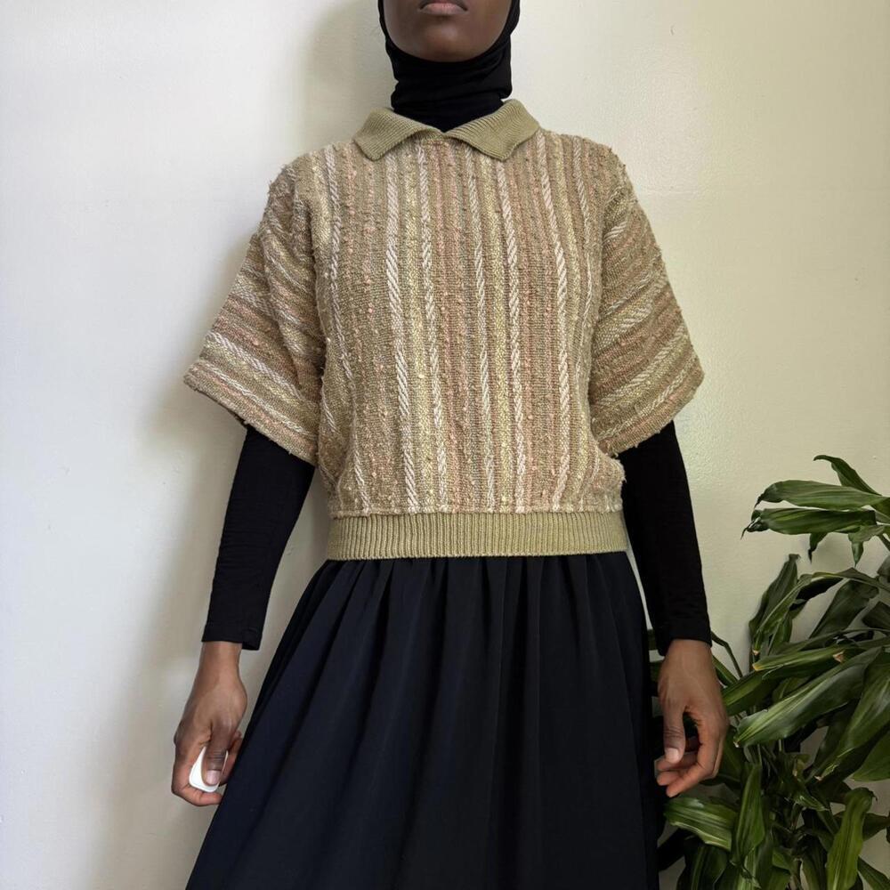 Vintage cream multi colored striped knit sweater with collar‎ size M